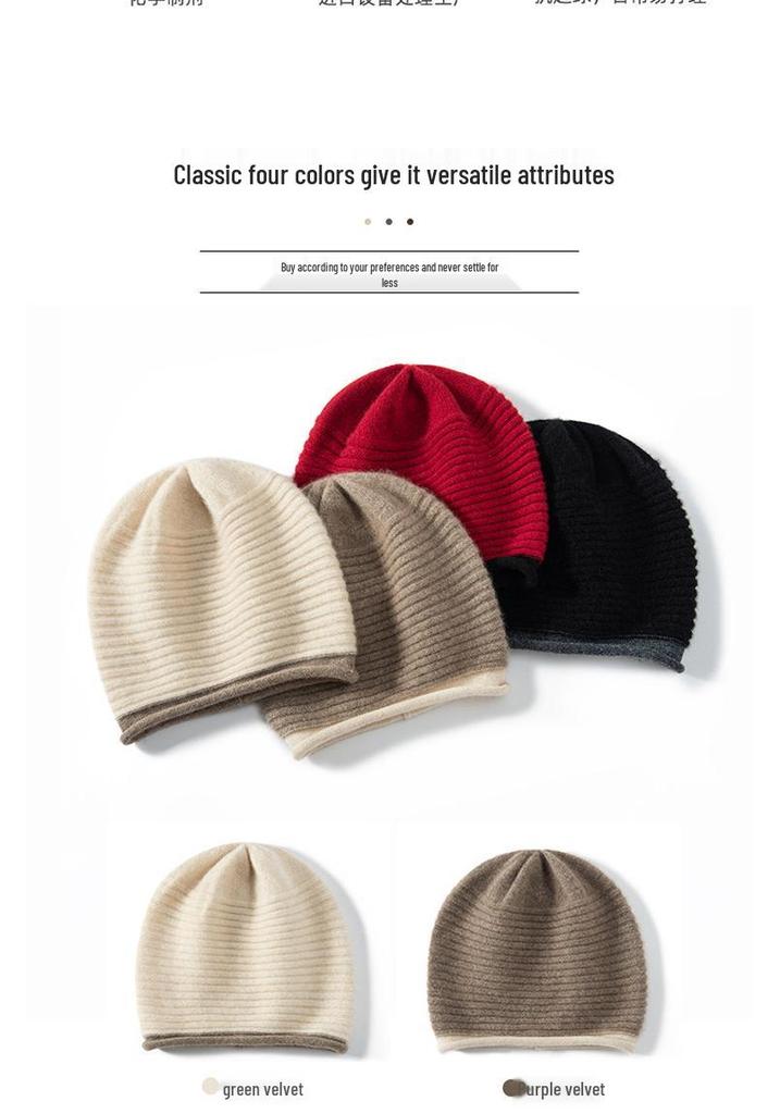 Women's 100% Pure Cashmere Ribbed Hat - Autumn/Winter Fashion, Warm, Cold-Proof, Color Block Design.