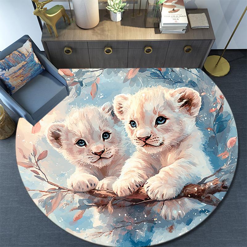 Lion Cubs Round Area Rug,Carpet Rug for Living Room Bedroom Sofa Playroom Decor,Non-slip Floor Mat
