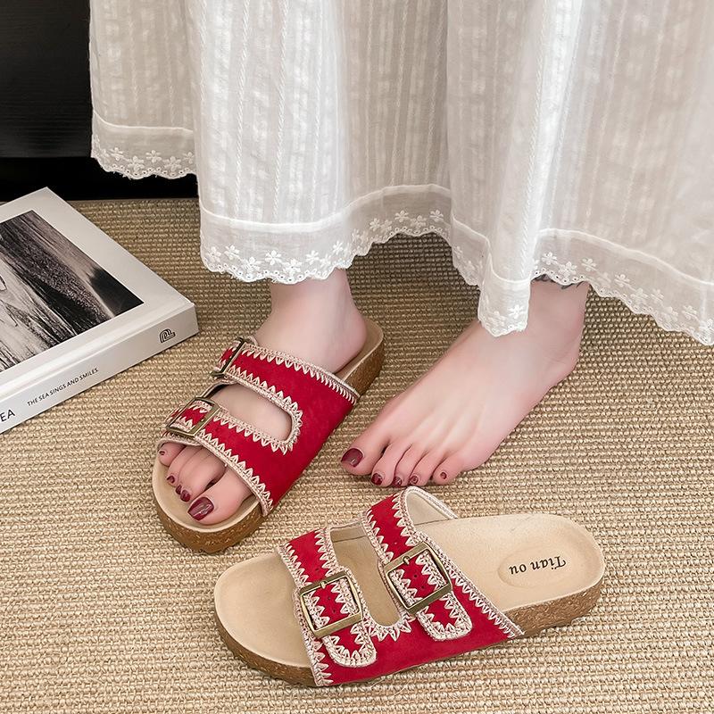 Mori Retro Double-buckle One-word with Thick-soled Slippers for Women's Outer Wear 2025 New One-pedal Birkencool Slippers
