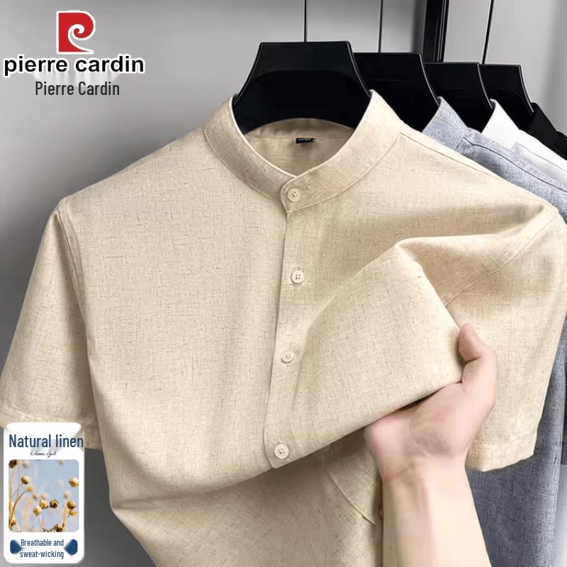 Pierre Cardin Men s Linen Blend Stand Collar Short Sleeve Shirt XL