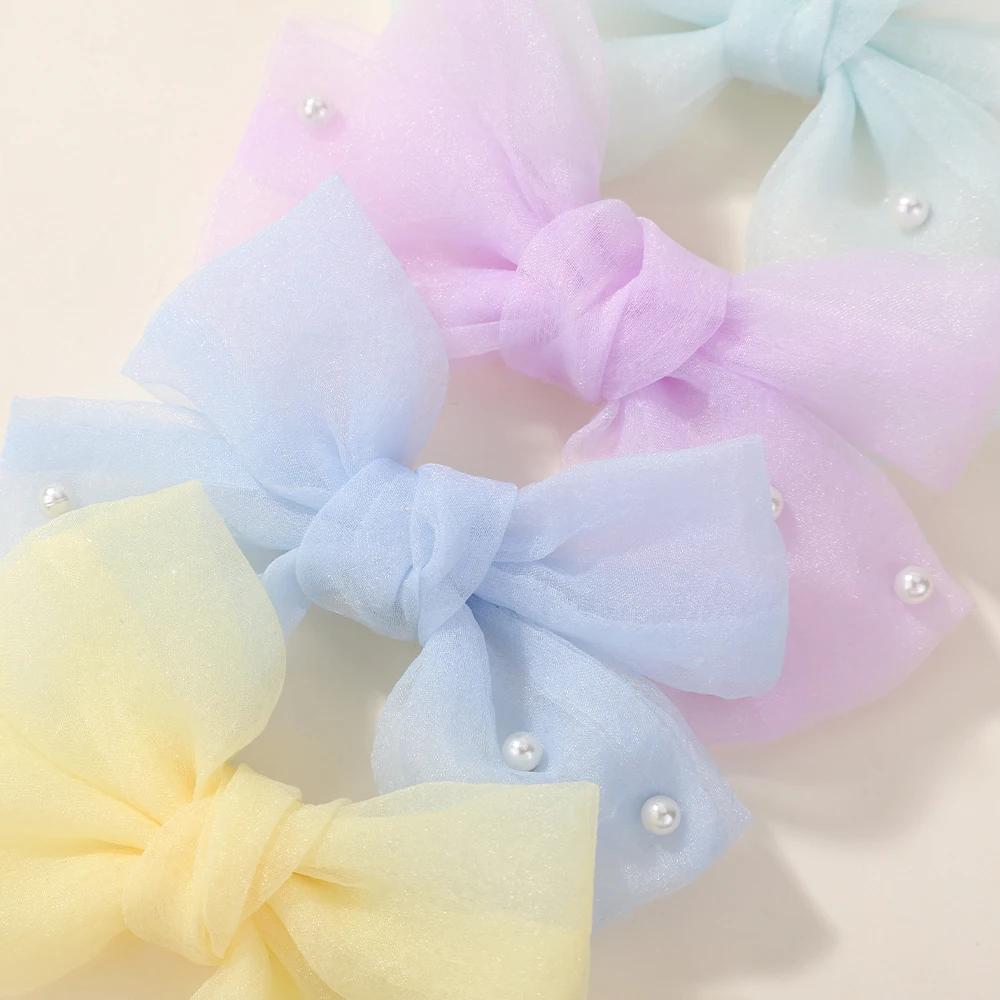 4Pcs/Set Sweet Pearl Bows Hair Clips for Girls Cute Side Clip Solid Color Hairpin Handmade with Bow Hair Accessories Headdress