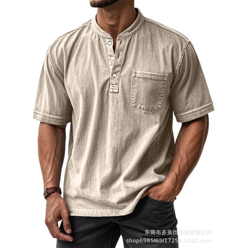 Mens Casual Washed Denim Henley Neck Short Sleeve T Shirt With Pocket