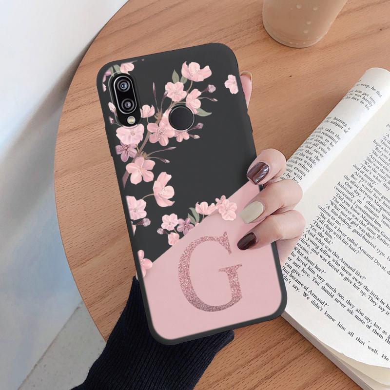 Initial Letter Silicone Case For Huawei P20 2018 P20 Lite P20 Pro Shell Retro Pink Flower Soft TPU Cover For Huawei P20 Capa