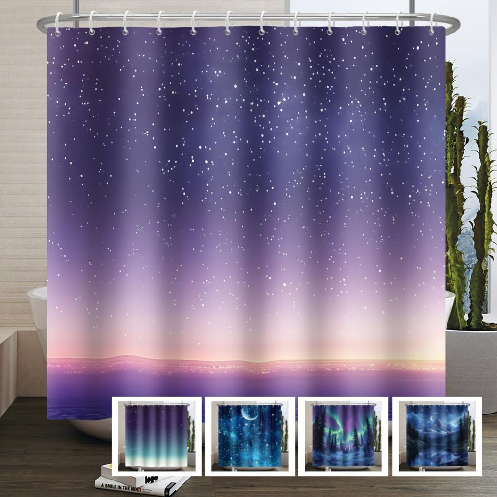 Dreamy Starry Sky Theme Modern Bathroom Curtain Aurora Planet Galaxy Moon Waterproof Polyester Shower Curtain Decor With 12 Hook