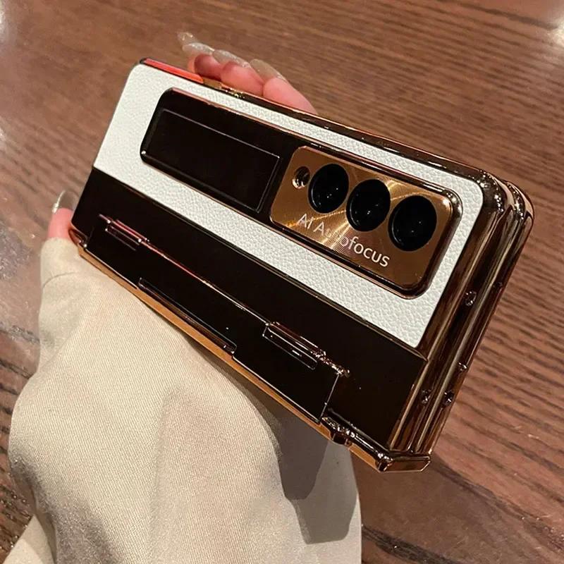 With Screen Protector Leather Case for Samsung Galaxy Z Fold 6 5 4 3 5G One-Piece Plating Stand Shockproof Cover Gold