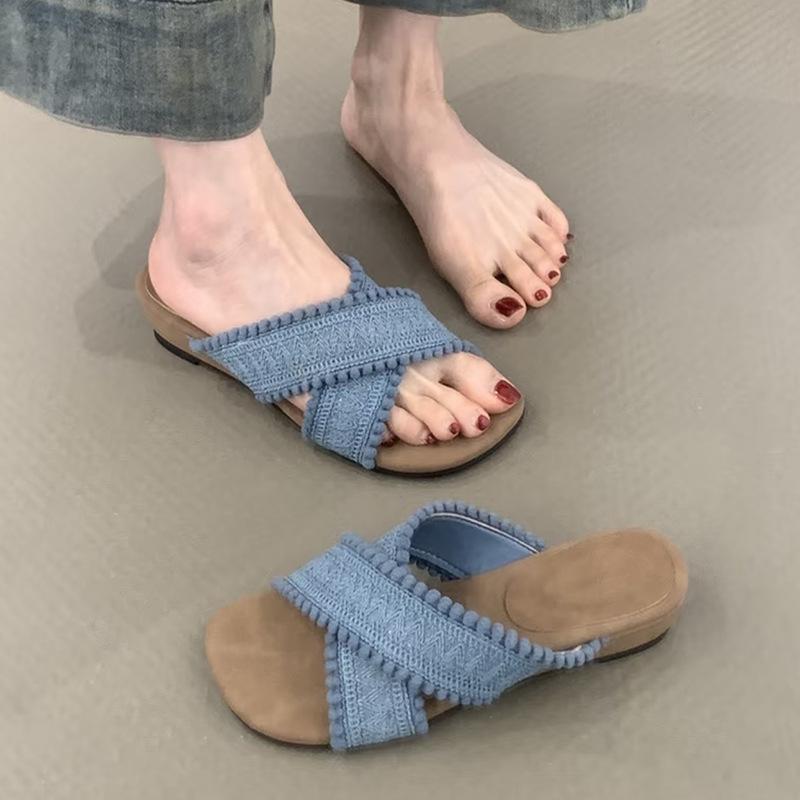 

Римские плетеные тапочки-крестики 2025 лето нежные фея богемные отпуск пляж танкетка прохладные тапочки 40 синий