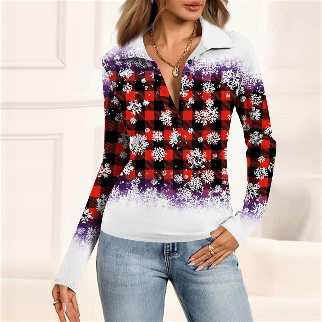 Damenmode Lässig Bedrucktes V-Ausschnitt Langarm Knopfleiste Oberteil