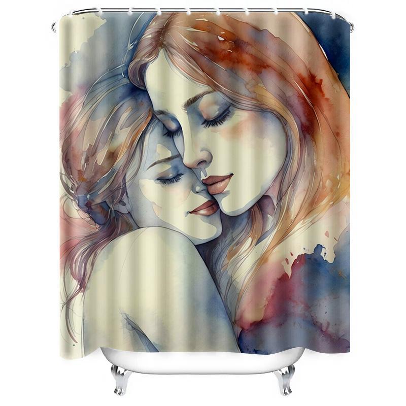 Watercolor Romantic Couple Waterproof Shower Curtain