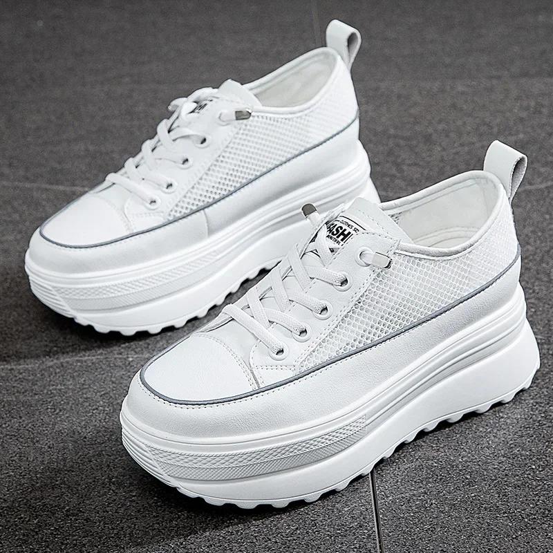 Fashion 5.5CM Genuine Leather Platform Wedge Shoes Chunky Sneaker White Casual Shoes Comfortable Breathable Spring Autumn Shoes