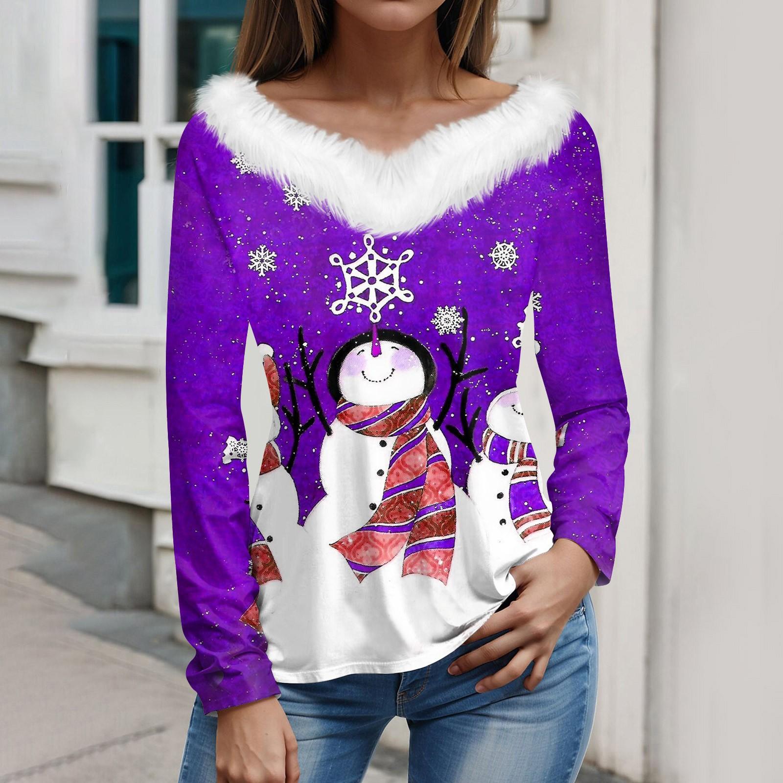 

Women s T Shirt Tee Christmas Shirt Long Sleeve Party Christmas Printed Plush Collar V Neck Top XXL фиолетовый