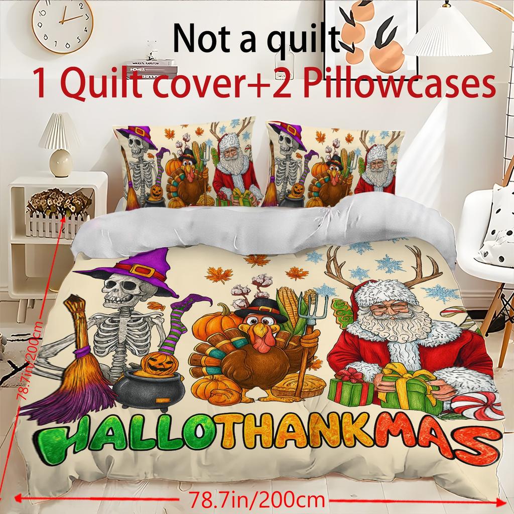 Duvet Cover Printed With Christmas Decoration Super Soft Brushed Microfiber Double Bed Comfortable Set With Zipper Closure And 2 Pillowcases