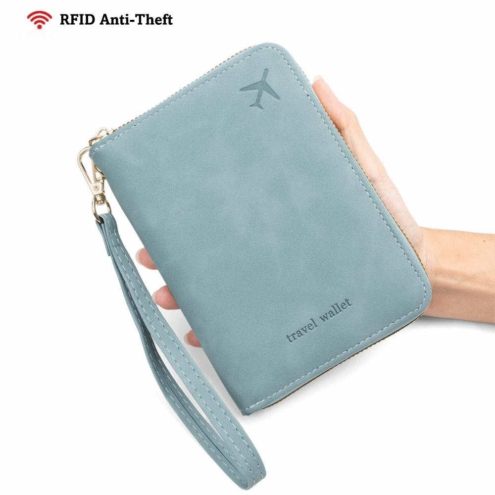 Multi-Functional PU RFID Passport Case Solid Color Anti-Magnetic Travel Wallet Zipper Closure Passport Holder Unisex светло-синий