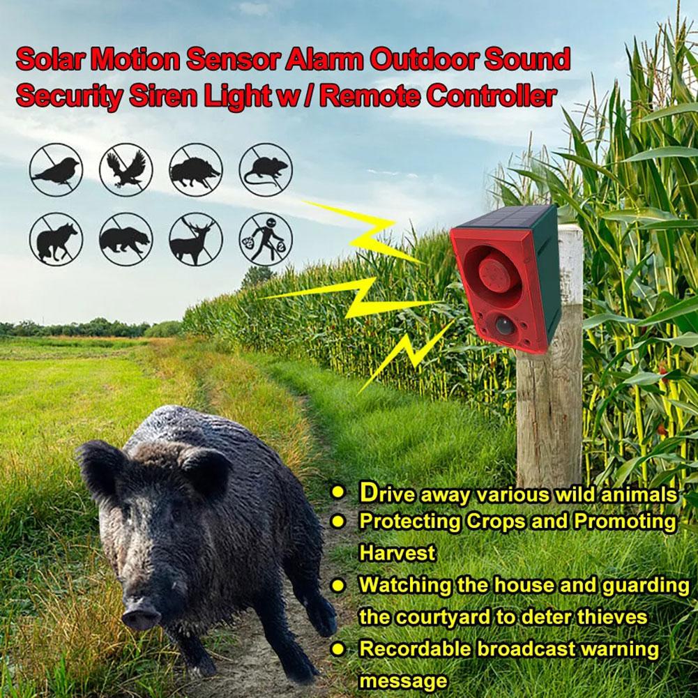 Outdoor Solar Motion Sensor Alarm with Remote Control 129DB with Motion Detector for Farm Yard Garden Animals Away Driving Wild