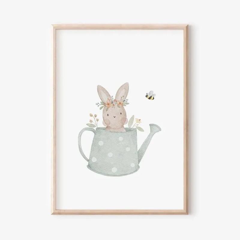 Boho Cartoon Farm Animals Wall Art Canvas Painting Rabbit Bear Bee Flower Posters and Prints Pictures for Baby Kids Room Decor