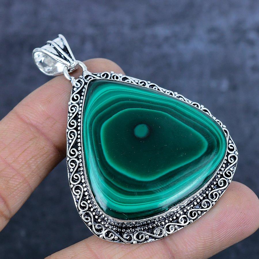 Malachite Gemstone 925 Sterling Silver Jewelry Pendant 2.56"