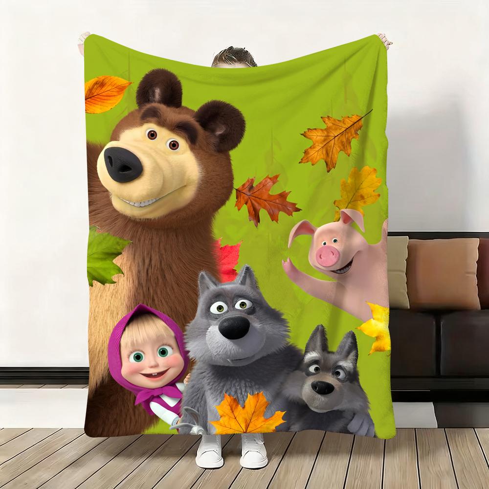 Cartoon M-Masha and the B-Bear Throw Flannel Fluffy Soft Blanket Warm Skin-Friendly Throw for Sofa Bed Office Nap Winter