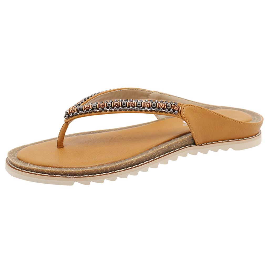 Womens Leather Flip Flops Size 12 Women Flip Flop Fashion Retro Beaded Decorative Round Toe Flat Bottom Chaussons Femme