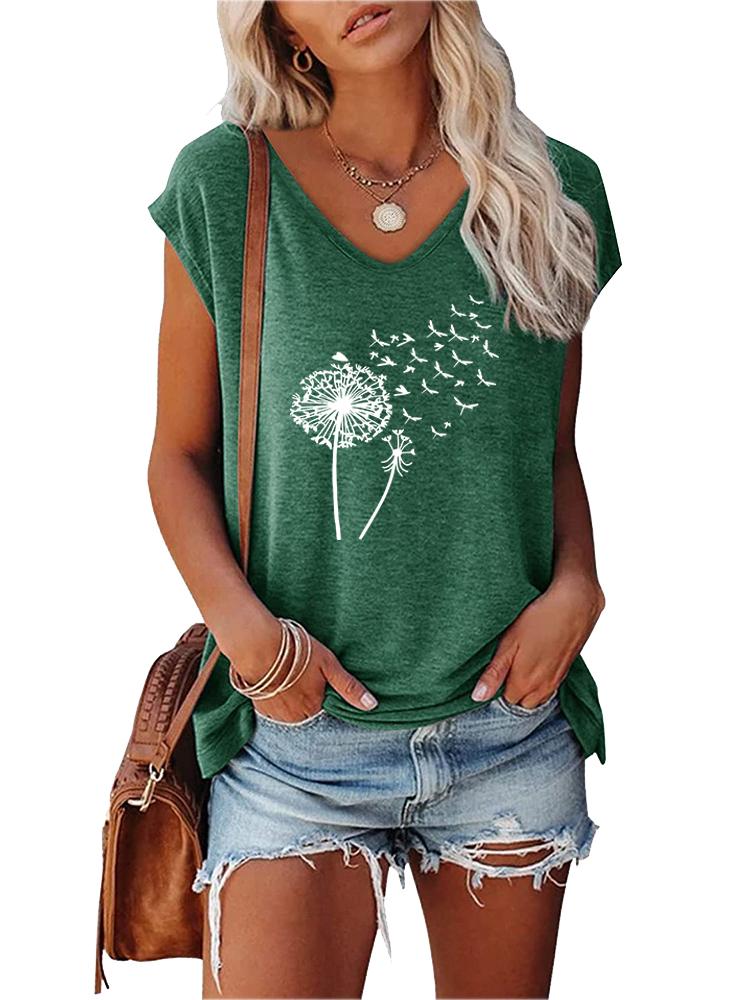 Women Fashion Printed Top Summer V Collar Tee Shirt Ladies Casual Short Sleeve T-shirt