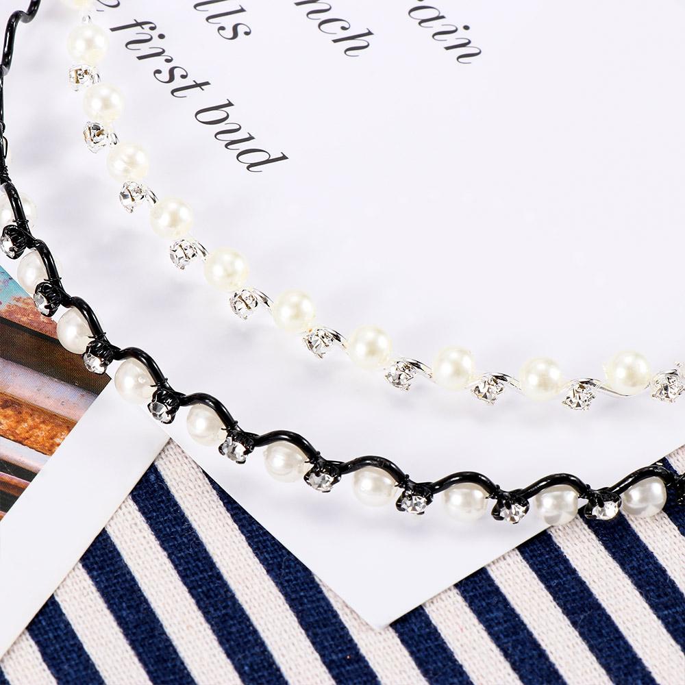 Jewelry Head Chain Hair Band Metal Black Silver Pearl Crystal Wave Hairband for Women Headwear