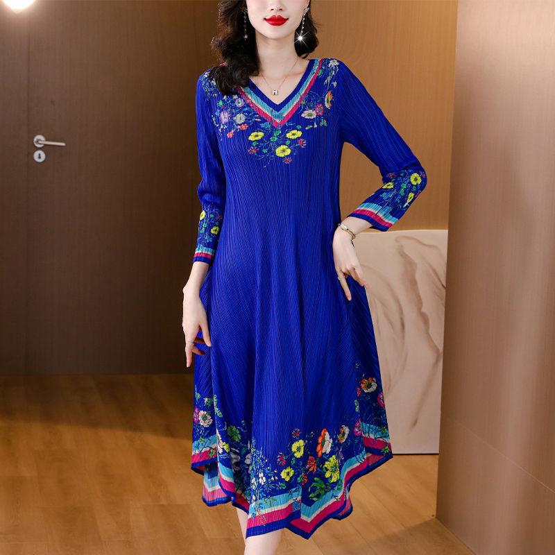 Women's Plus Size Dress Vintage Print Dress Ethnic Style Spring Summer A-line Pleated Stretch Maxi Dress