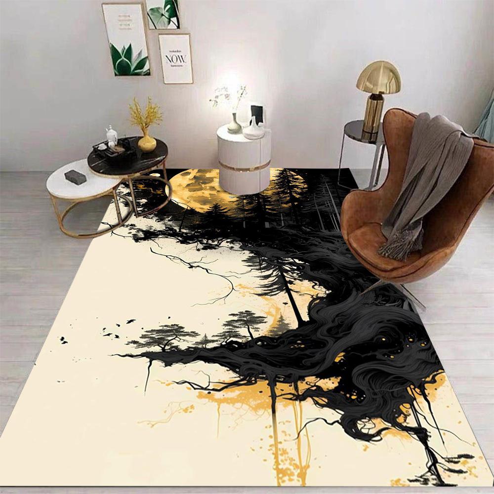Chinese Art Style Carpet Golden Mountain Waterfall River Moonlit Forest Auspicious Cloud Patterns Rug For Living Room Decor