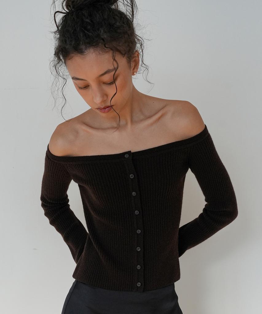 Jaejeudeu Off-Shoulder Cardigan_Brown