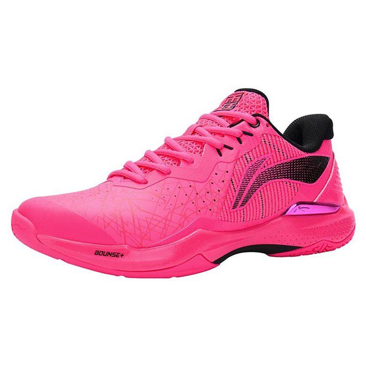 Li Ning Fabric Cushioning Slip Resistant Abrasion Resistant Low Top Badminton Shoes Unisex Fluorescent Fruit Pink AYAS018-1