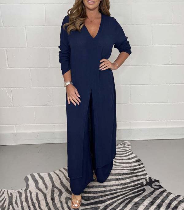 Amazon 2024 Spring and Summer Cross-border New Foreign Trade Women's Clothing V-neck Long-sleeved Split Top Pants Two-piece Set