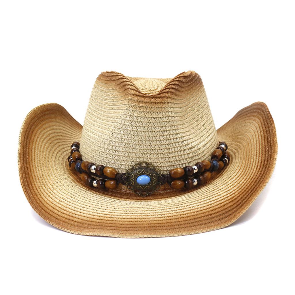 Decorative Beaded Straw Cowboy Hats Women Men Summer UV Protection Beach Holiday Sun Caps Outdoor Wide Brim Cowgirl Hats