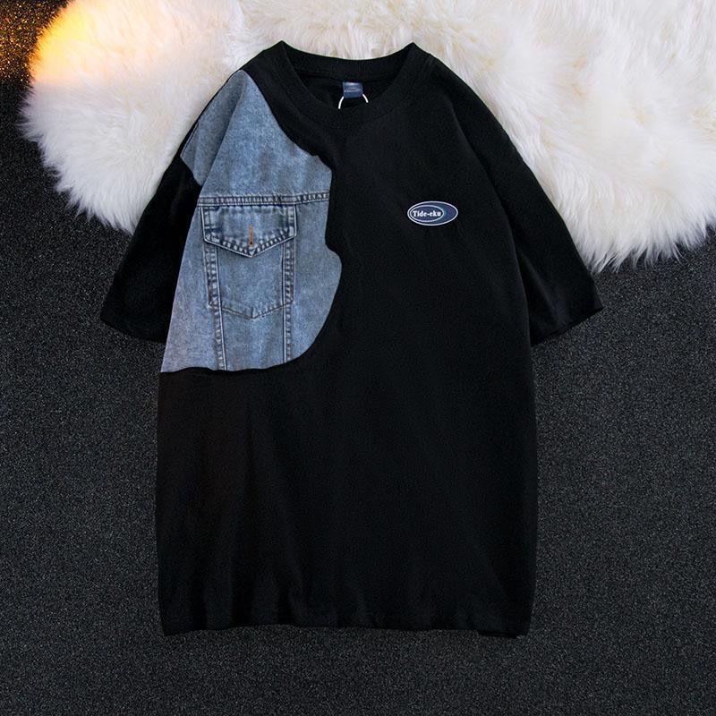 Nero Grigio Vintage Design Personalizzato Patchwork Denim T-Shirt Maniche Corte Uomo Donna Moda Coppie Largo Casual Hip Hop