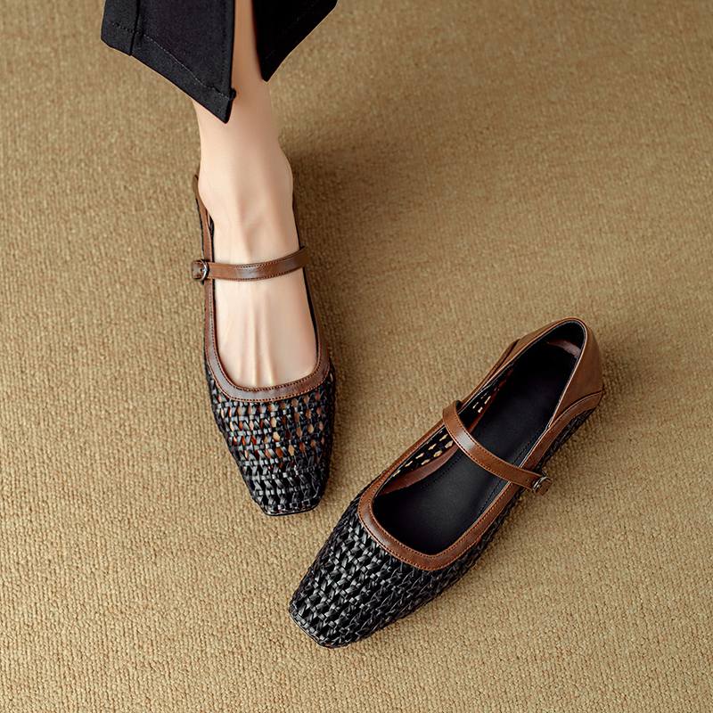 Krazing Pot Cow Skin Weaving Summer Size 41 Low Heels Party Shoes Women Square Toe Gladiator Hollow Out Pumps