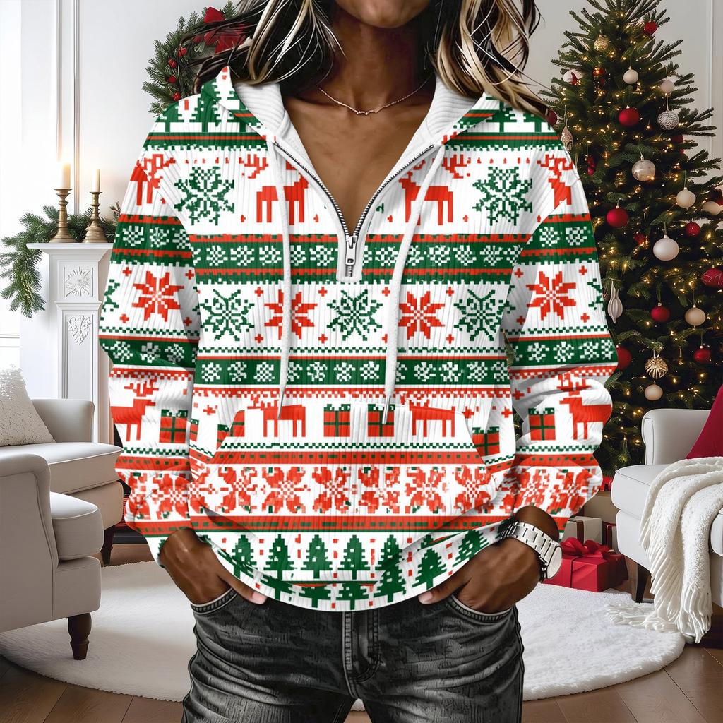 Women's Fashion Christmas Print Long Sleeve Hooded Pullover Sweatshirt Top