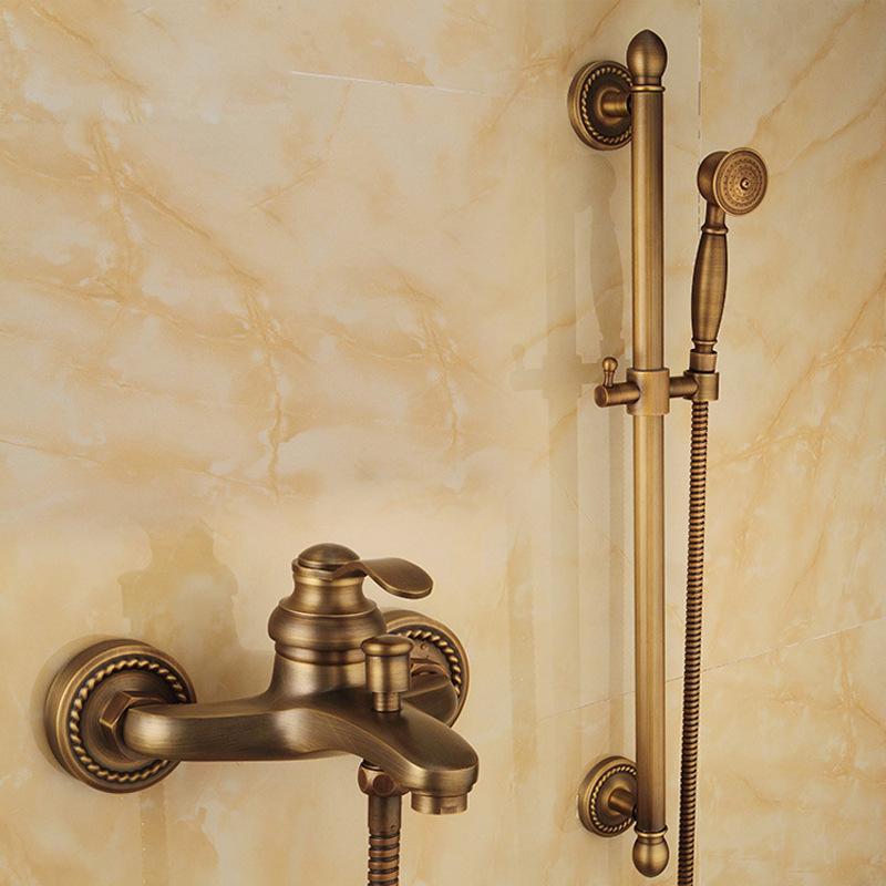 Badezimmer Duscharmatur Set Messing Wandmontiert Antik Einhebel Warm und Kalt Klassisch Badewannen und Duscharmatur Set