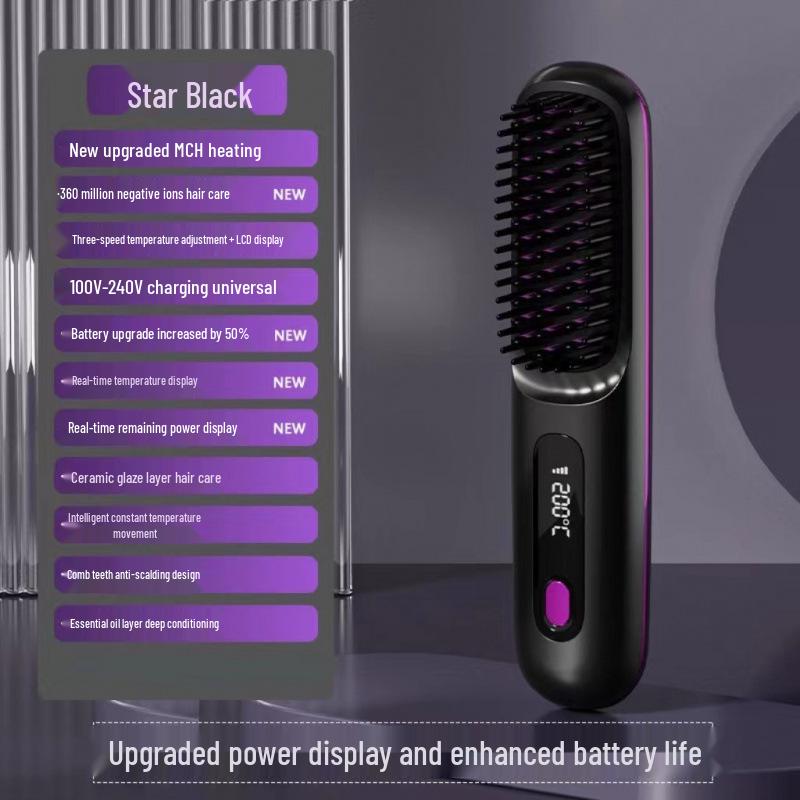 Multifunctional LCD USB Charging Ceramic Heated Mini Straightening Comb with Wireless Charging WX-66 Starry Black