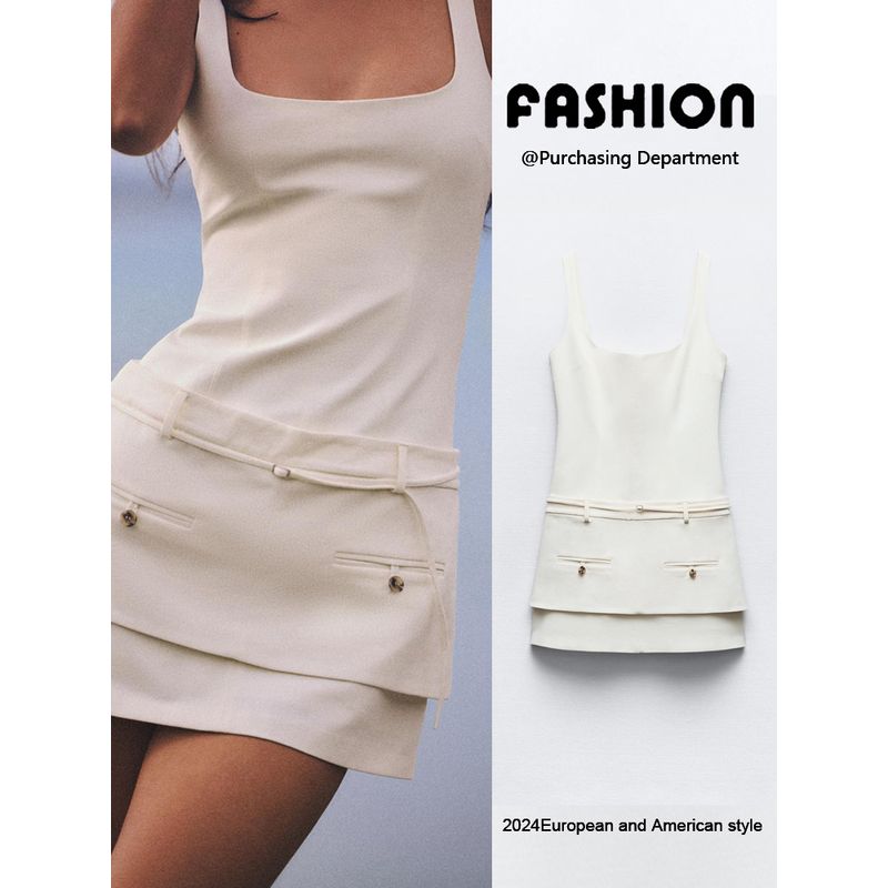 Za2024 Summer New Product Women's Clothes Sleeveless Square Collar Pocket Accessories Belt Silm Dress 3157786 251