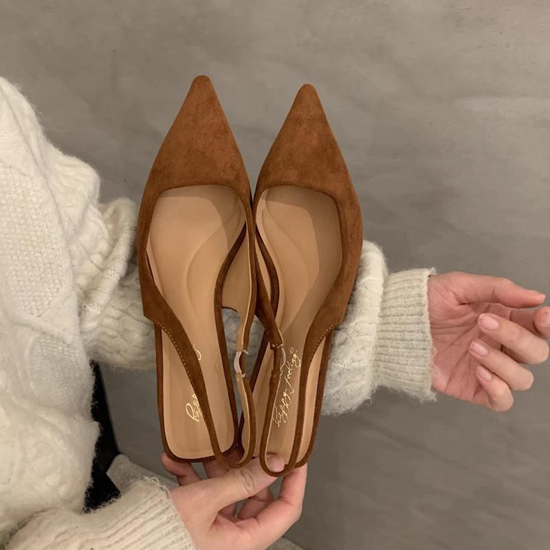 Fashion SUOJIALUN 2024 Spring New Women Sandal Fashion Pointed Toe Shallow Slip On Dress Mules Shoes Thin Low Heel Slingback Sandal