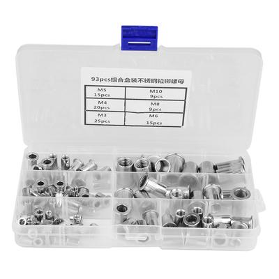 93pcs Threaded Insert 1 Box M3, M4, M5, M6, M8, M10 304 Stainless Steel Blind Rivet Nut Set