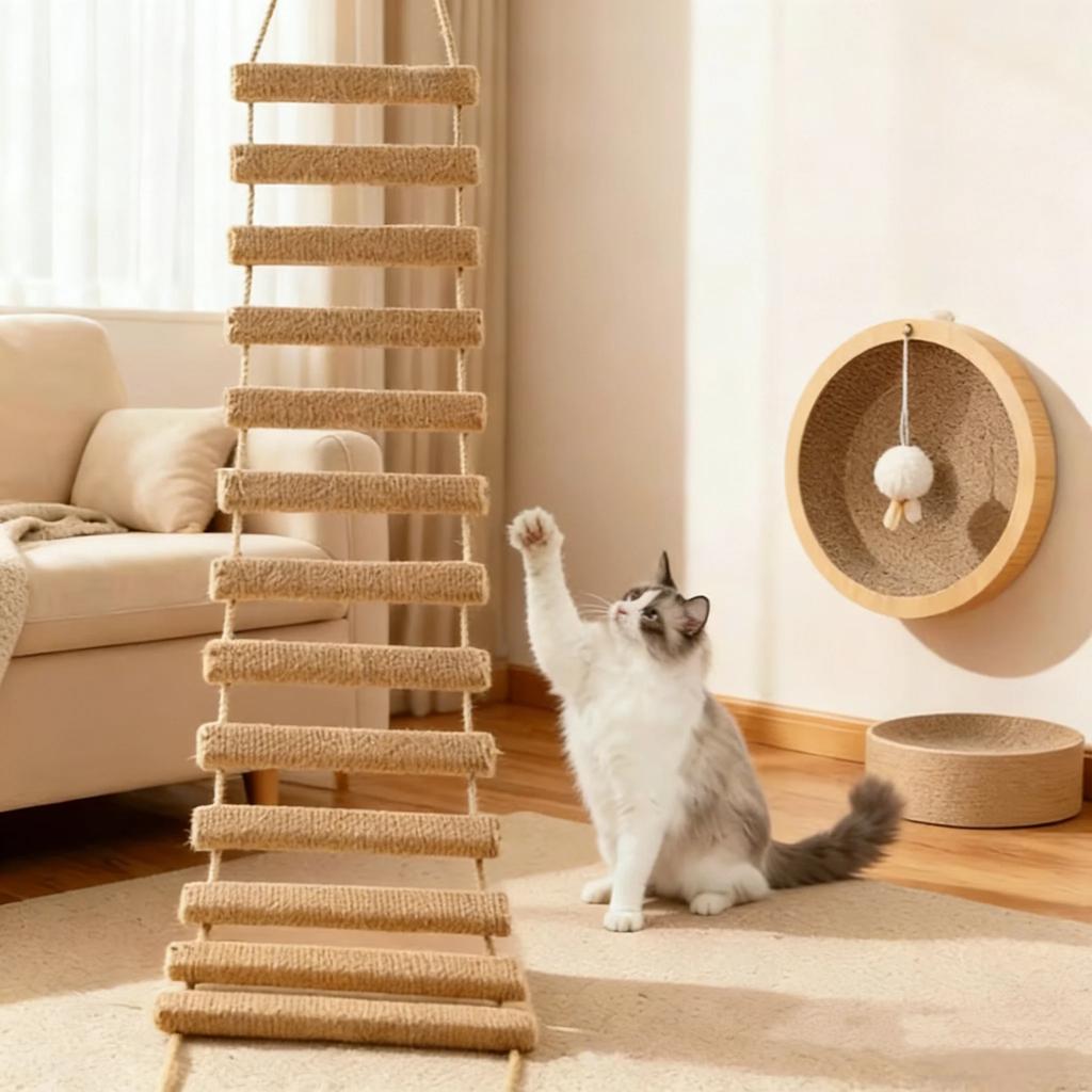 Cat Wall Furniture Wall-Mounted Wooden Cat Sisal Climber Steps Space-Saving Cat Activity Center for Kittens & Adult Cats