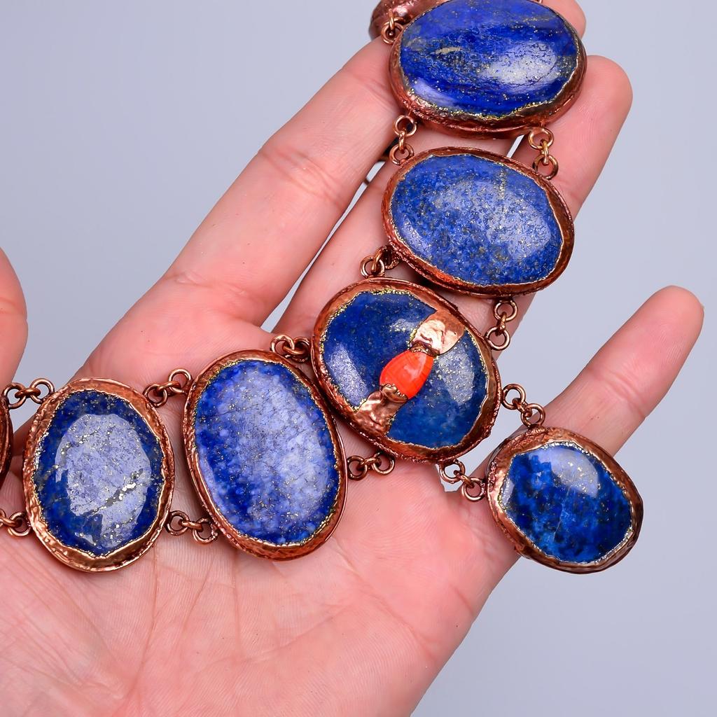 Oval Natural Lapis Lazuli Copper Unique Electroformed New Chain Necklace Jewelry V-82