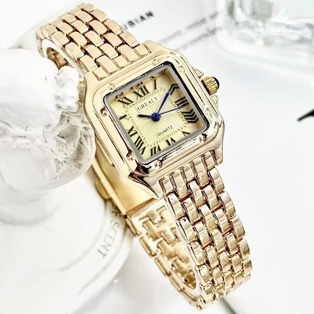 Elegant Women's Gold Square Watch with Silver Stainless Steel Band - Perfect Gift for Students