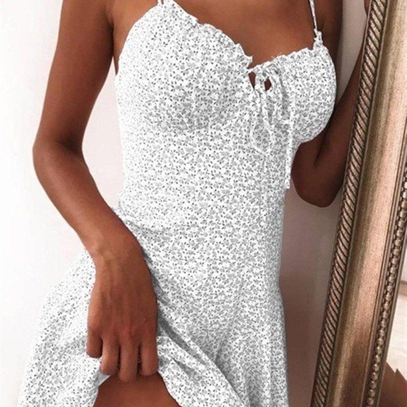 

Fragmented Floral Suspender Dress Short Skirt for Women White S