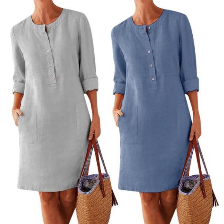 Elegant Plus Size Long Sleeve Tunic Kaftan Dress Casual Solid Color Cotton Linen for Women