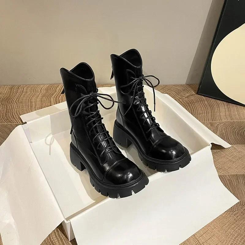 Autumn New Style Women's Boots Lace Up Mid Follow Round Head Fang Hei Rubber Wear-resistant Sole Platform Shoes Outdoor Leisure