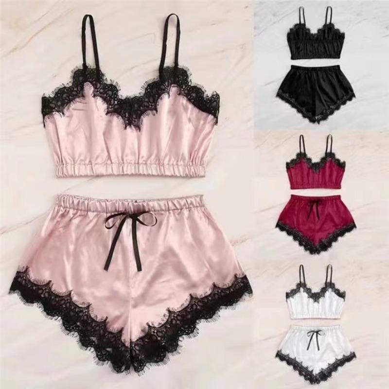 2025 Summer 2 Pcs Women's New Sexy Lace See-Through Pajamas Black Pink Cute Clothes Comfortable Breathable Suspender Shorts Set
