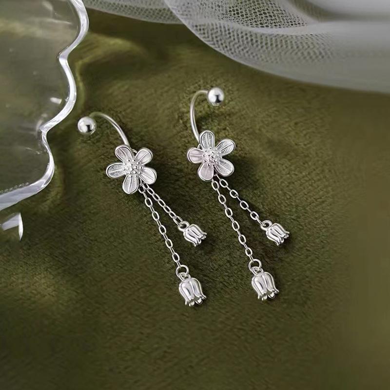 Real 925 Silver Flower Short Chain Tassel Stud Earrings For Women Classic Fine Jewelry Niche Light Accessories