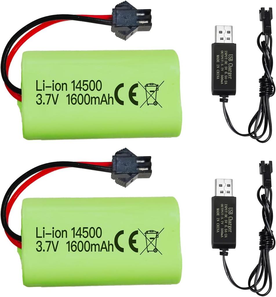 2x Li-ion Rechargeable Batteries 3.7V 1600mAh with SM-2P Connector + USB Cables – Compatible with RC Car 9962 8837 and Toy Truck