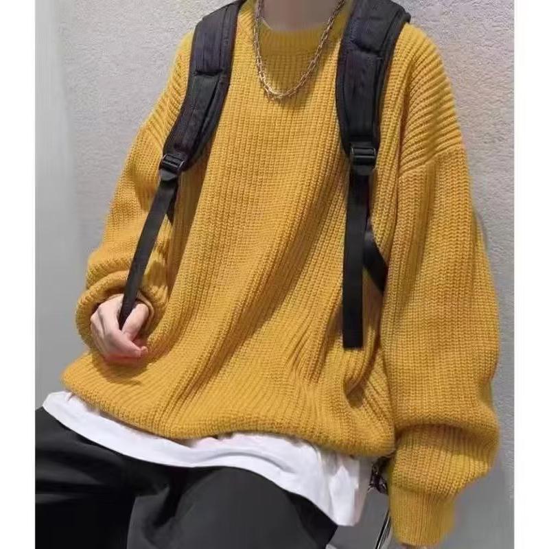 Autumn Winter Men's Loose Fit Sweater Solid Color Casual Retro Round Neck Solid Color Knitted Top
