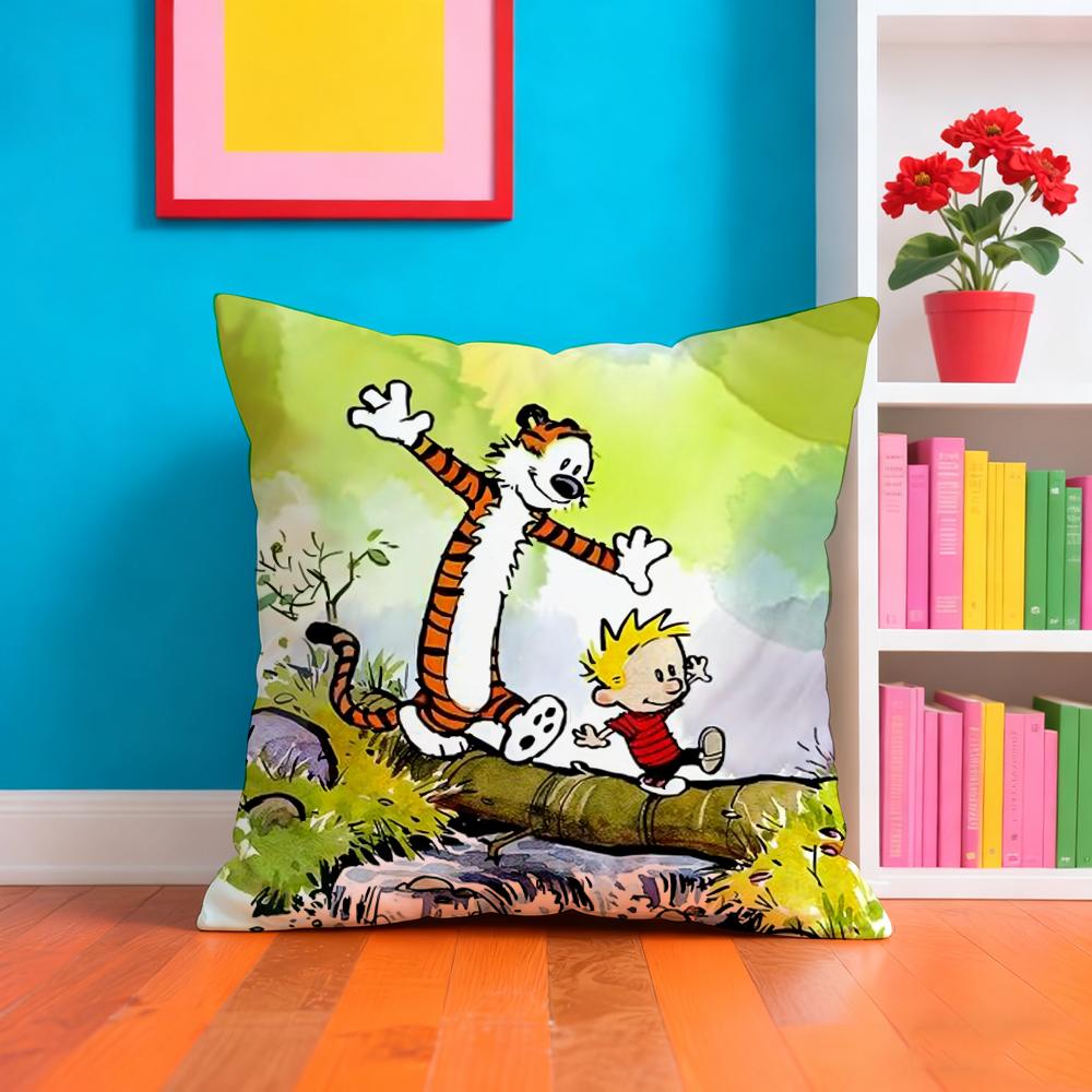 C-Calvin And H-Hobbes Cushion Cover Plush Fabric Soft Double-Sided Printed Sofa Warm Winter Home Gift Pillow Case