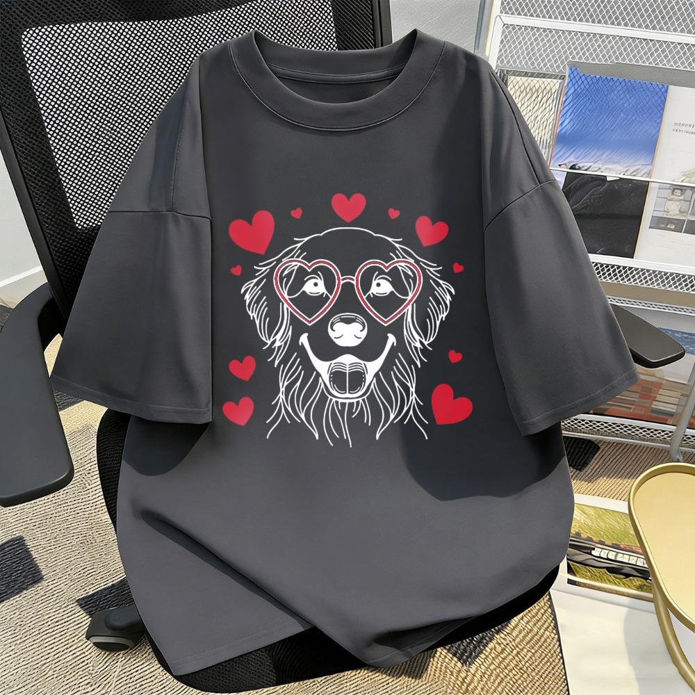 Heart Glasses Golden Retriever Graphic Tee Cute Dog Red Love Heart Unisex Streetwear Shirt Valentines Day Gift Funny Cotton Tee