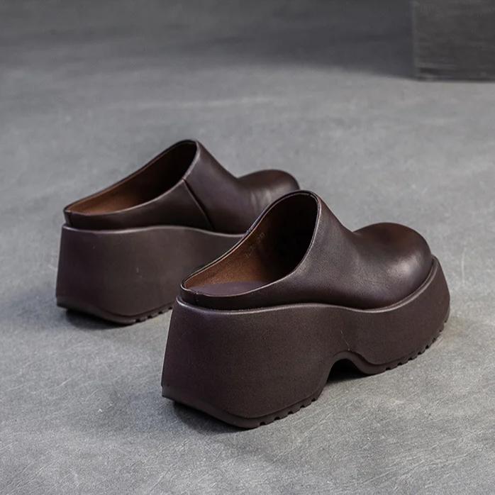 Johnature Thick Soled Wedges Slippers Retro Genuine Leather Solid Color Women's Platform Shoes
